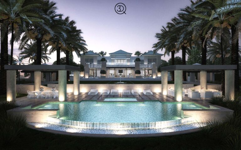 vista frontal nocturna de villa Falcon Palace, Nueva Andalucia, Marbella, Malaga